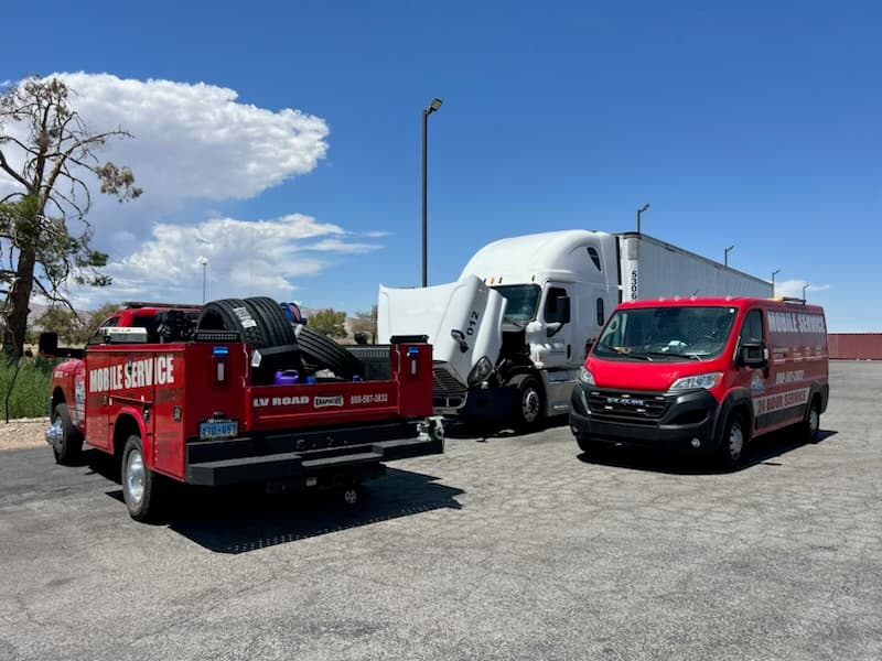 Roadside repair on a semi truck along I-15
